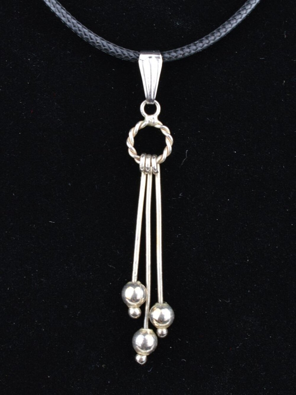925 Sterling Silver Modernist 3 Strand Ball Tassel Pendant Drop Dangle on Cord